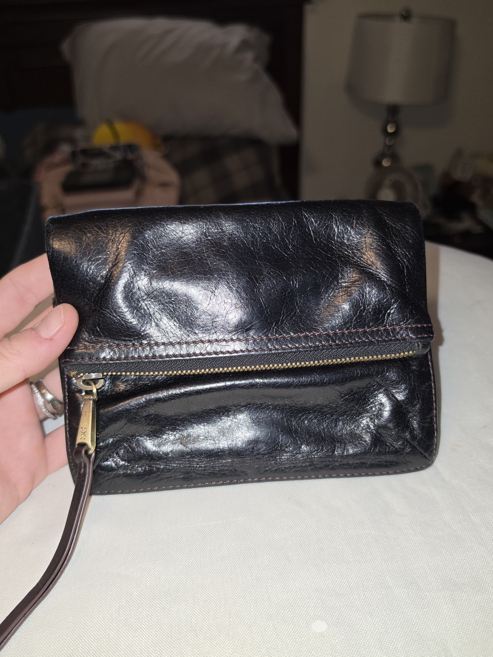 Small HOBO Women’s Black Leather Fold-Over Wristlet Clutch